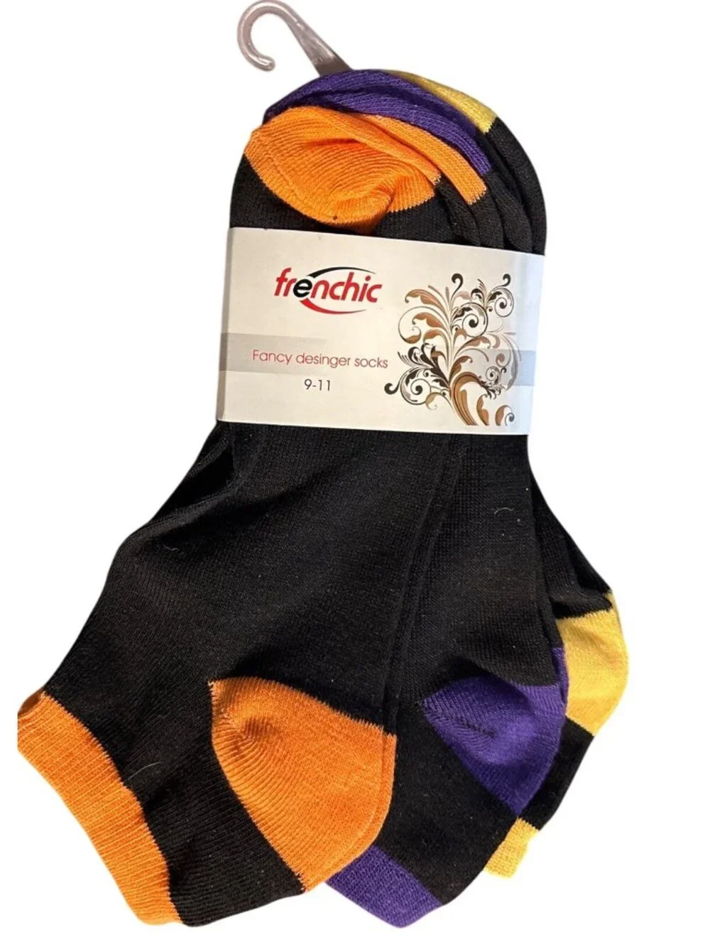 Womens Frenchic Designer Ankle Socks 9-11 Multi-Pack Purple Black Orange Yellow